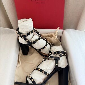 Valentino Black Leather Rockstud Strappy Block Heel Sandals
